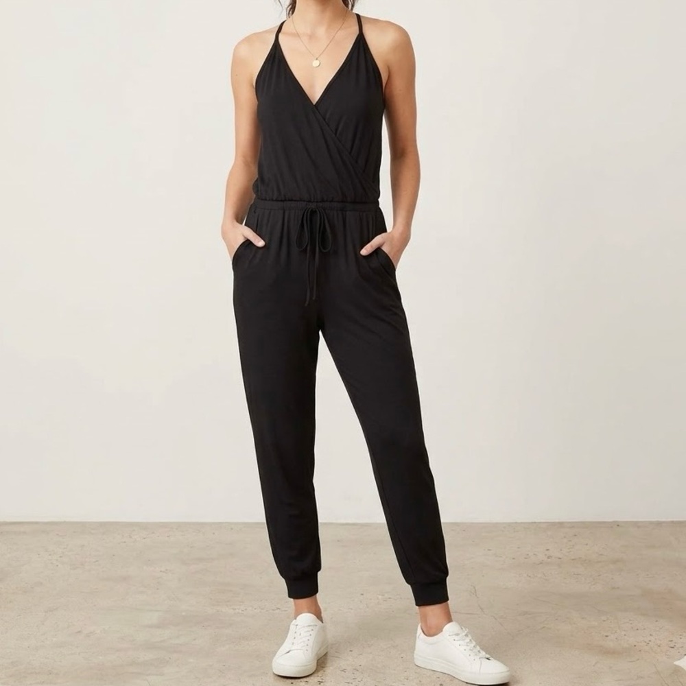 Go Couture Black Wrap Front Jogger Jumpsuit Romper Size M Soft Modal Made in USA